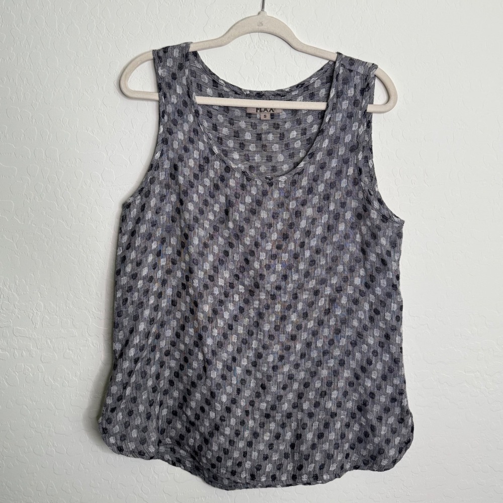 FLAX Womens 100% Linen Tank Top Size S Grey Dot Lagenlook Scoop Neck Minimalist